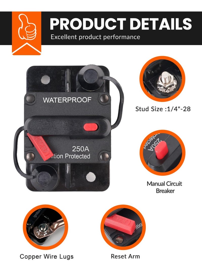 250 Amp Waterproof Circuit Breaker with Manual Reset for Car Marine Trolling Motors Boat ATV Manual Power Protect for Audio System Fuse, 12V-48V DC (250A) - Image 5